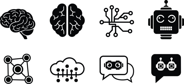 Vector art simple brain and robot icons front view for a coloring book playful educational technology themed page with bold outlines for tracing single line designs