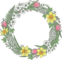 Fototapeta premium A vibrant hand-drawn spring floral wreath featuring delicate cherry blossoms, cheerful daffodils, elegant pink tulips, and fragrant purple hyacinths, all intertwined with lush green ferns and ivy.