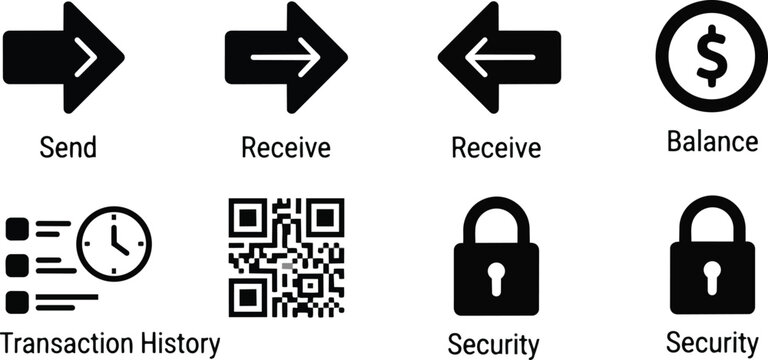 Minimalist icon set for coloring book showing financial icons in outlined line art with right arrow left arrow send receive coin balance padlock qr code history
