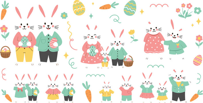 Cute easter bunny family vector set with rabbits eggs baskets carrots flowers and spring holiday cartoon characters illustration
