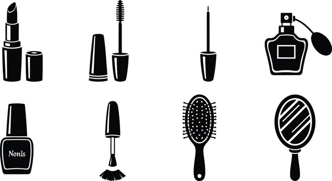 Minimalist vector coloring book page beauty icons close up lipstick mascara eyeliner perfume nail polish powder brush hair brush hand mirror outline set black line art