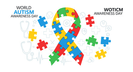 Fototapeta premium Autism awareness day ribbon symbol with puzzle pieces and stethoscope graphics