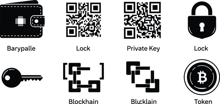 Flat design crypto icons set for a coloring book featuring wallet qr code padlock key blockchain token arranged in neat grid black outline style simple bold