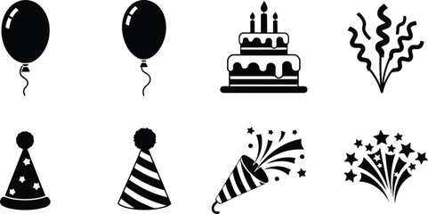 Fototapeta premium Flat design overhead view party icons balloons cake confetti party hats and crackers for a coloring book simple bold outlines for kids black white printable pages
