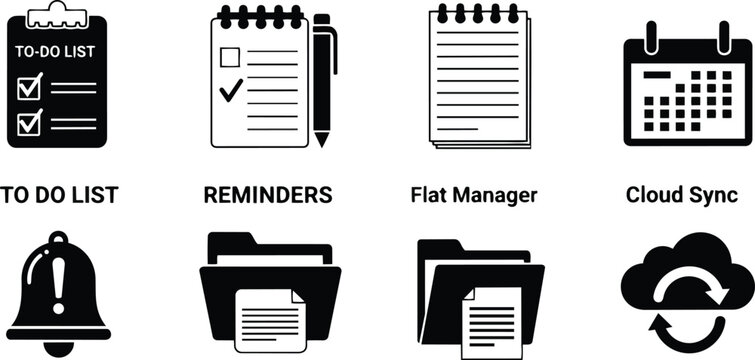 Flat design black icons for coloring book showing checklist notebook calendar bell folders cloud sync with pen and spiral binding close up vector line art simple