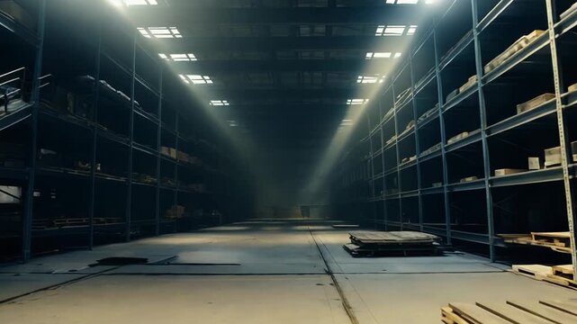 Vast empty industrial warehouse featuring towering metal shelving units. A staircase. And scattered wooden pallets on the concrete floor. Illuminated by beams of light filtering through the skylights