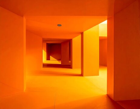Orange monochrome architecture creating abstract geometric hallway space