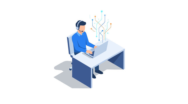 Isometric Customer Service Representative Working at Desk with Headset and Laptop, Digital Support Technology, Call Center Agent with Data Network Visualization, Modern Business Communication