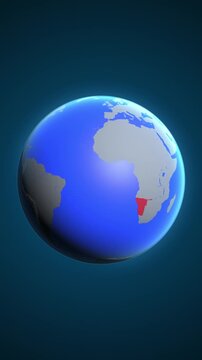 The animation shows a graphic representation of the earth and highlights the location and map of Namibia colored red in vertical format.