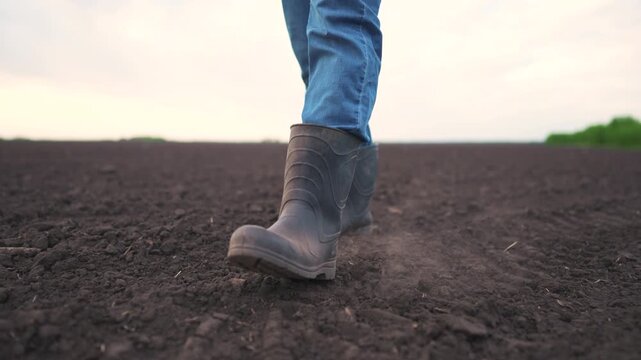 agriculture. man farmer wearing blue jeans and boots is walking on a field of soil, possibly engaged in agricultural work. agriculture farm concept. farmer works in the field