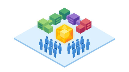 Fototapeta premium Isometric Contact Center Team with Central Data Hub and Connected Service Modules, Customer Support Technology Platform, 3D Business Communication Network