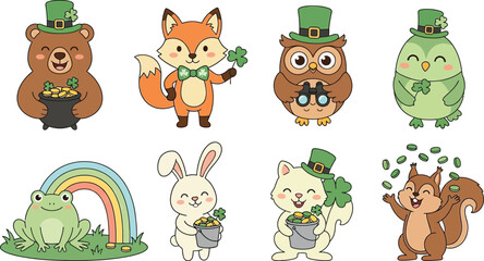 Obraz premium Cute st patricks day animals in green hats holding gold coins and shamrocks with rainbow and happy expressions festive vector art set