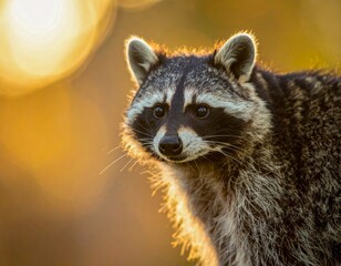 Obraz premium Raccoon looking straight backlit by golden hour sun