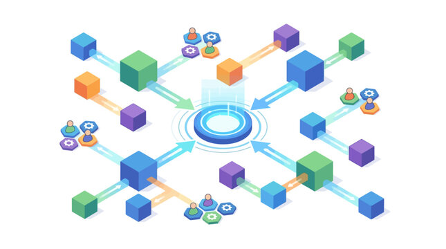 Isometric Contact Center Network Hub with Customer Service Agents and Connected Data Nodes, Modern Tech Support Communication System