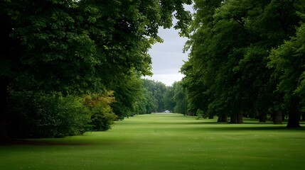 Fototapeta premium A symmetrical green avenue of trees leads through a vast park on an overcast day