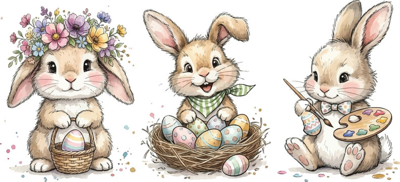 Cute watercolor style bunnies decorating colorful easter eggs wearing floral crown and bow tie sitting with paintbrushes and basket in spring celebration scene