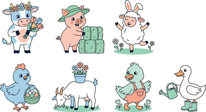 Cute farm animals flat design vector set including smiling cow holding flowers pig wearing green hat with hay bales happy sheep with bunny ears dancing lively spring mood