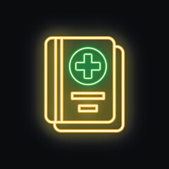 Fototapeta premium Glowing neon sign representing medical records with green cross, isolated on a black background