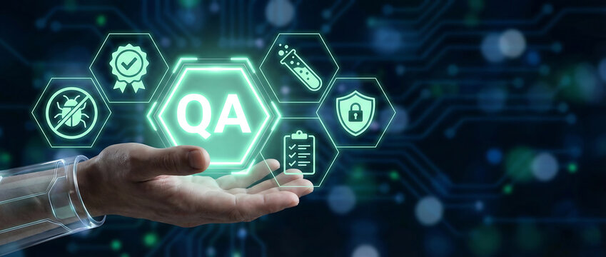 Quality assurance expert hand holding QA hexagon icon with digital business process symbols hologram on dark blue tech background
