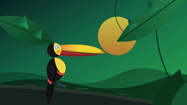 Animated Toucan Bird Interacting with a Pacman-like Shape in a Green Jungle.