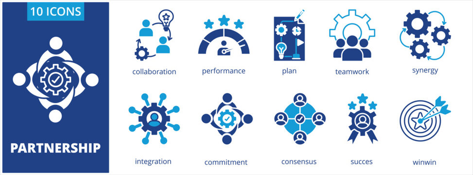 Partnership icon collection set. Containing Collaboration, performance, plan, teamwork, synergy, integration, commitment, consensus success, winwin icon. dual tone vector.	
