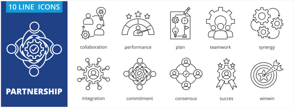 Partnership icon set collection in outline style. Containing Collaboration, performance, plan, teamwork, synergy, integration, commitment,consensus success, winwin.