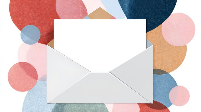 Blank Letter's colorful backdrop: A pristine, blank letter held within an open envelope, elegantly presented against a vibrant backdrop of softly painted circles.