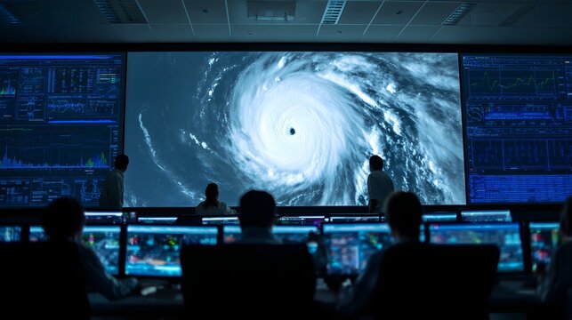 Emergency response team monitoring hurricane data on large screen in control room, disaster management concept with weather forecasting analysis and crisis coordination system