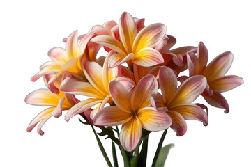 Obraz premium Frangipani flowers blooming in a colorful tropical bouquet, showing pink and yellow petals, transparent background