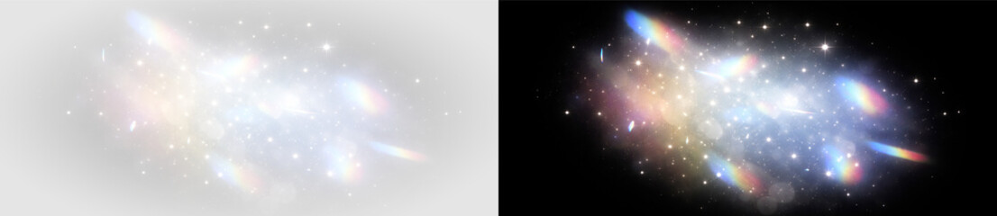Iridescent rainbow prism sparkle light glow particles effect png overlay element, on transparent background © Ivan
