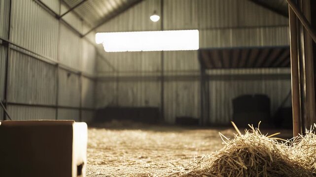 Rustic barn interior with sunlight streaming through a high window, illuminating scattered straw and an empty cardboard box on the dirt floor, reflecting farm life and agricultural industry