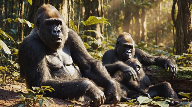 Gorilla family rests in a sun-dappled jungle clearing