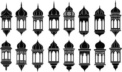 Obraz premium Islamic lantern icons set Ramadan decorative lamps arabic hanging lights traditional ornament vector illustration festive design elements isolated black and white