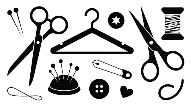 An illustration shows sewing tools icons arranged on a white surface