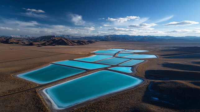 Aerial view of ice-blue lithium evaporation pond with geometric patterns