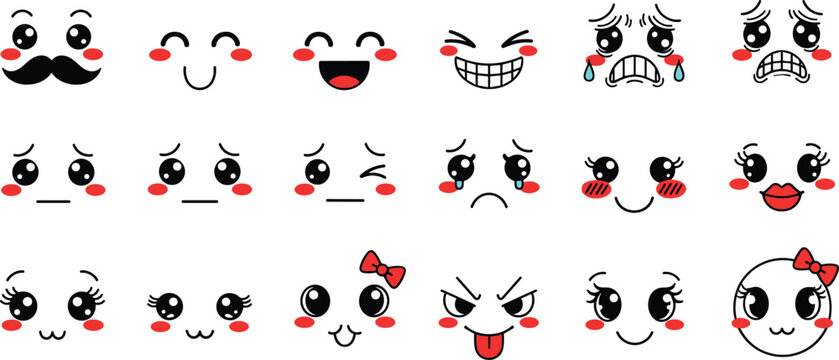 Cartoon facial expression vector illustration collection, cute emoticon artwork, emotional reaction icons, character design, playful mood symbols, flat vector illustration