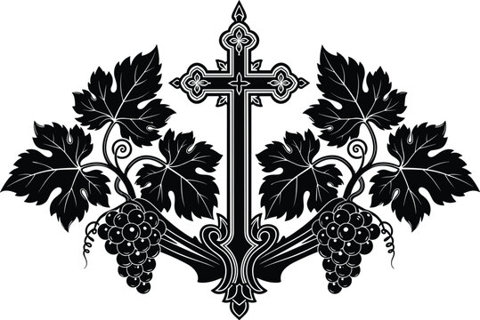 Christian cross with grapevine silhouette, religious communion symbol, ornate Eucharist design, faith heritage artwork, decorative spiritual icon, flat vector illustration
