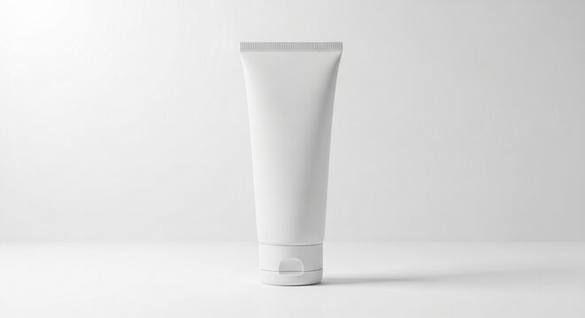 Minimalist skincare product isolated on white background, clean beauty cosmetic mockup, blank packaging, copy space, soft shadow.