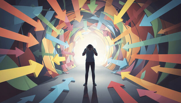 Person Overwhelmed by Numerous Colorful Arrows Pointing in All Directions