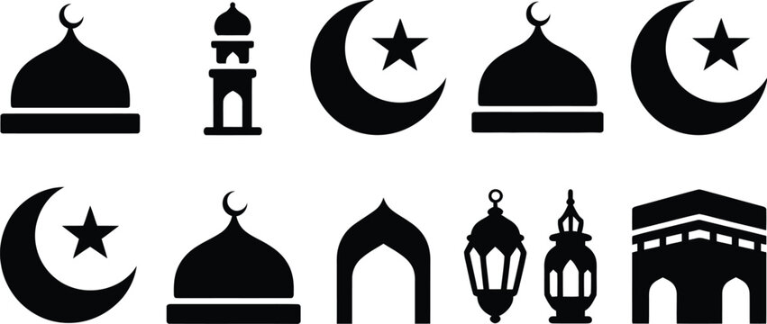 Collection of minimalist vector symbols including Kaaba silhouette Arabic lamps and masjid architecture for Eid Mubarak greeting cards and invitations.