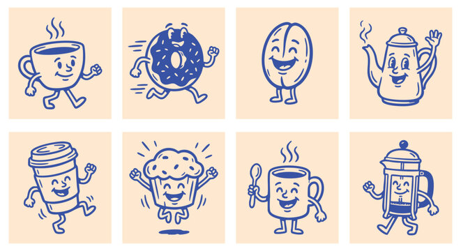 Retro coffee and pastry mascot character designs. Blue outline 1930s cartoon style illustrations. Cute jumping donut and coffee bean doodles. Vector EPS graphic element set. 