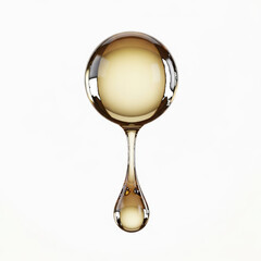 Fototapeta premium Golden liquid drop falling from a spherical glass vessel on a white background isolated on a transparent background