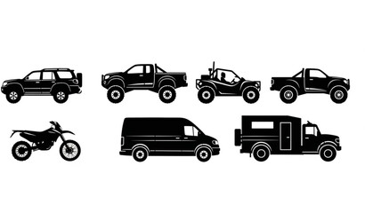 Off road vehicle silhouettes set with 4x4 suv truck atv and adventure transport vector collection © MSTNASIMABEGUM