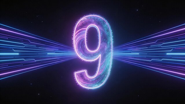 Neon number nine with glowing lines