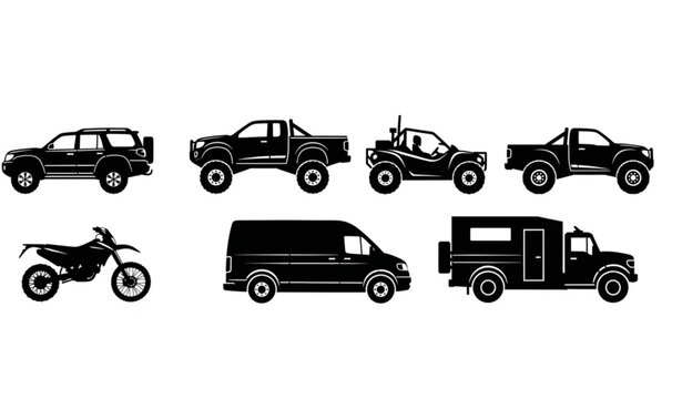 Off road vehicle silhouettes set with 4x4 suv truck atv and adventure transport vector collection