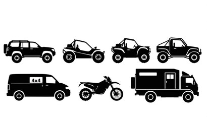 Off road vehicle silhouettes set with 4x4 suv truck atv and adventure transport vector collection