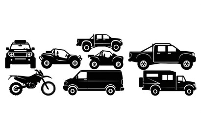 Fototapeta premium Off road vehicle silhouettes set with 4x4 suv truck atv and adventure transport vector collection