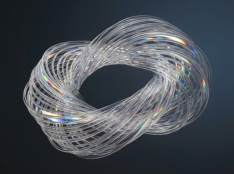 Futuristic silver wireframe torus with rainbow accents 3D rendering