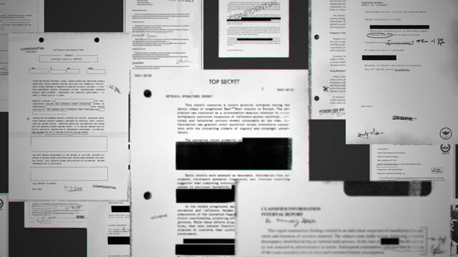 Top secret classified documents and reports with censored text and info. Various confidential official looking government spy agency files and intelligence gathering data memos on dark background