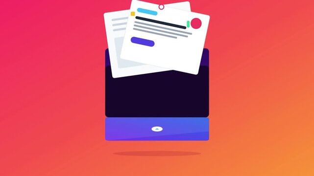 Animated Folder Icon with Documents and Data on Orange Background.